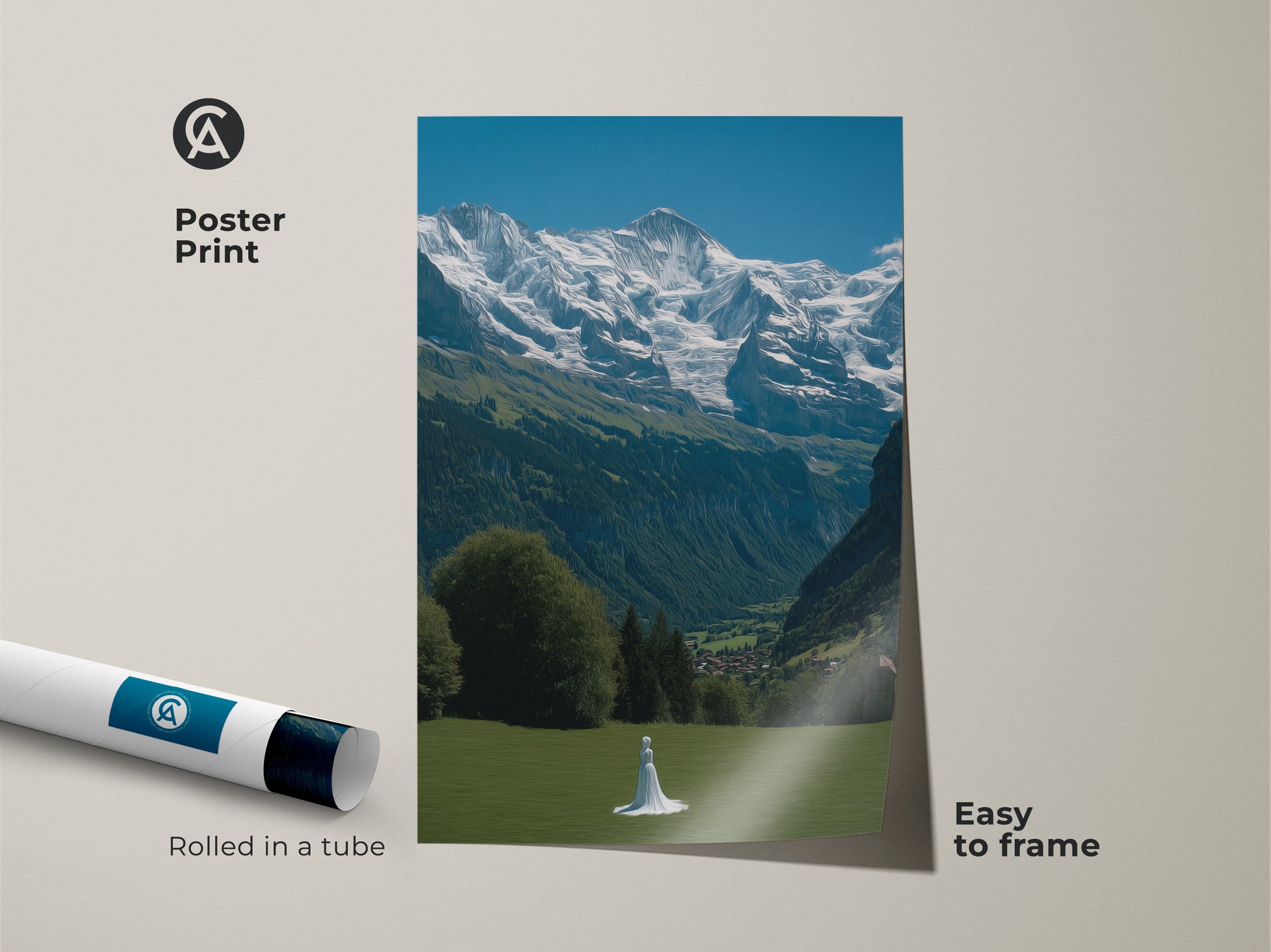 This photorealistic poster print captures the beauty of the Swiss Alps. The rolled canvas features a woman in a white dress. A green meadow sits beneath snowy mountains under a blue sky. Easy to frame nature scenery. It provides wanderlust wall art to inspire travel. Perfect for Scandinavian decor adding a touch of Alpine magic. Get your travel artwork