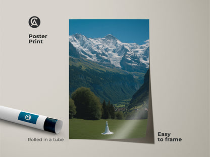 This photorealistic poster print captures the beauty of the Swiss Alps. The rolled canvas features a woman in a white dress. A green meadow sits beneath snowy mountains under a blue sky. Easy to frame nature scenery. It provides wanderlust wall art to inspire travel. Perfect for Scandinavian decor adding a touch of Alpine magic. Get your travel artwork