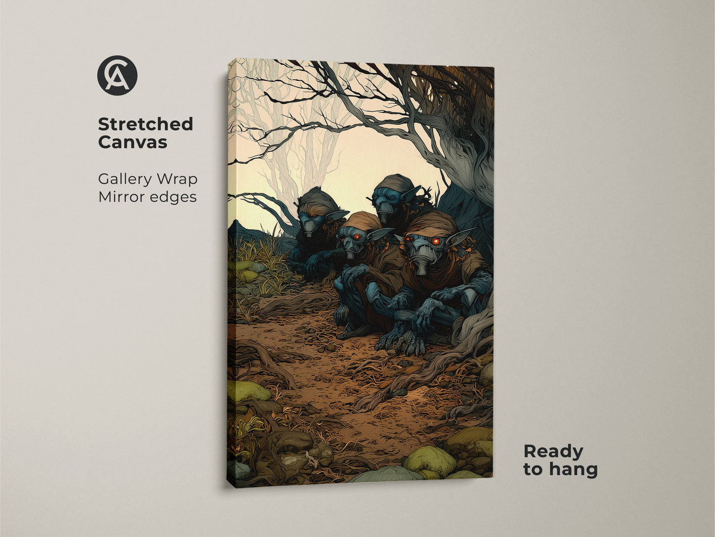 Gallery wrapped canvas featuring goblins in a forest. Ready to hang the fantasy creature wall art adds an earthy touch. The canvas displays dark goblin artwork perfect for a den or man cave. Eclectic home decor.