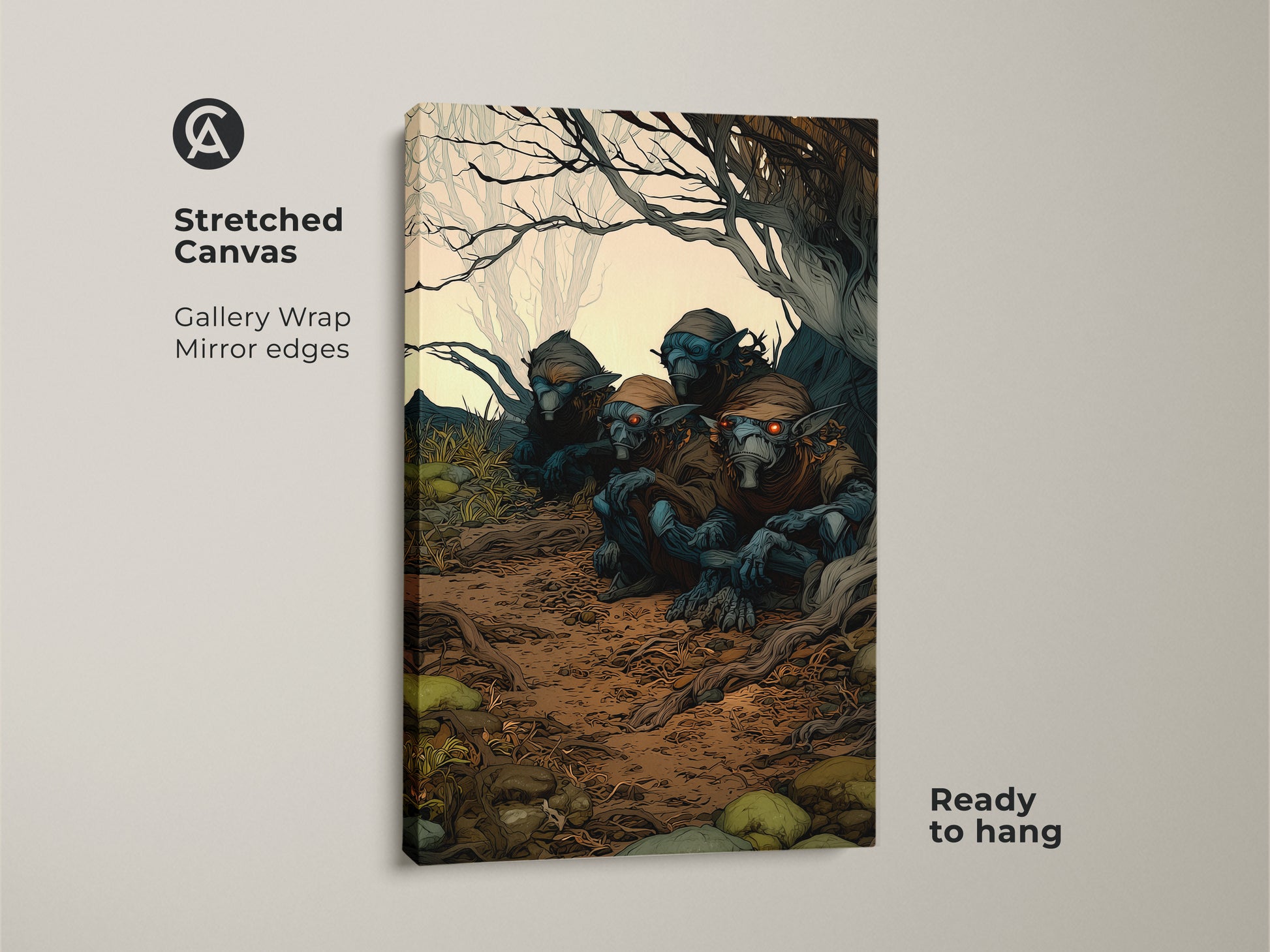 Gallery wrapped canvas featuring goblins in a forest. Ready to hang the fantasy creature wall art adds an earthy touch. The canvas displays dark goblin artwork perfect for a den or man cave. Eclectic home decor.