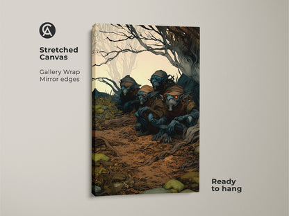 Gallery wrapped canvas featuring goblins in a forest. Ready to hang the fantasy creature wall art adds an earthy touch. The canvas displays dark goblin artwork perfect for a den or man cave. Eclectic home decor.