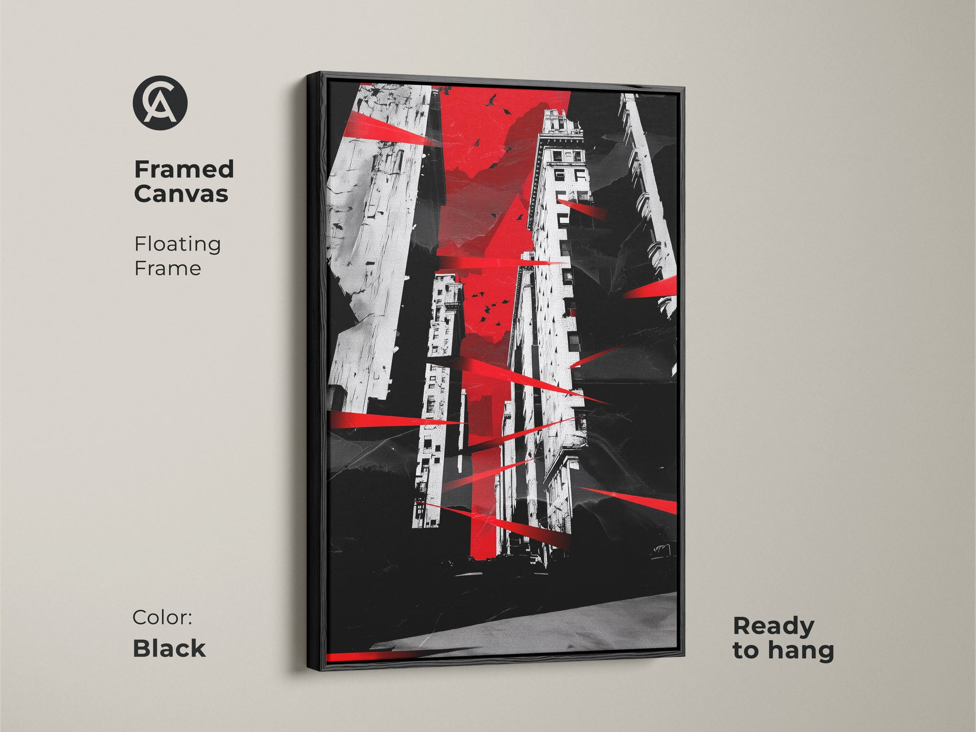 Black framed canvas featuring an abstract cityscape. Floating frame adds a touch of elegance. The red black and white architecture print offers a modern aesthetic. Contemporary building artwork ready to hang. This piece is perfect as office wall decor.