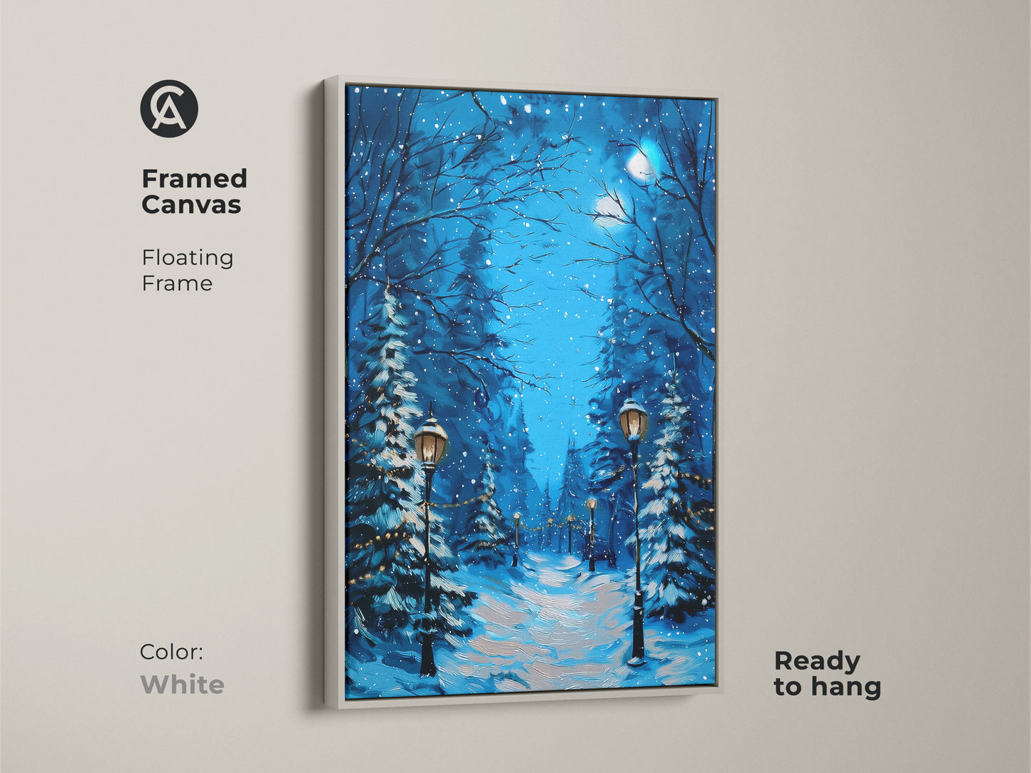 Framed canvas featuring winter landscape art with a white floating frame. The snowy path and street lamps create a cozy scene. Ready to hang this deep blue teal print is perfect for rustic Christmas decor. A charming gift for winter lovers.
