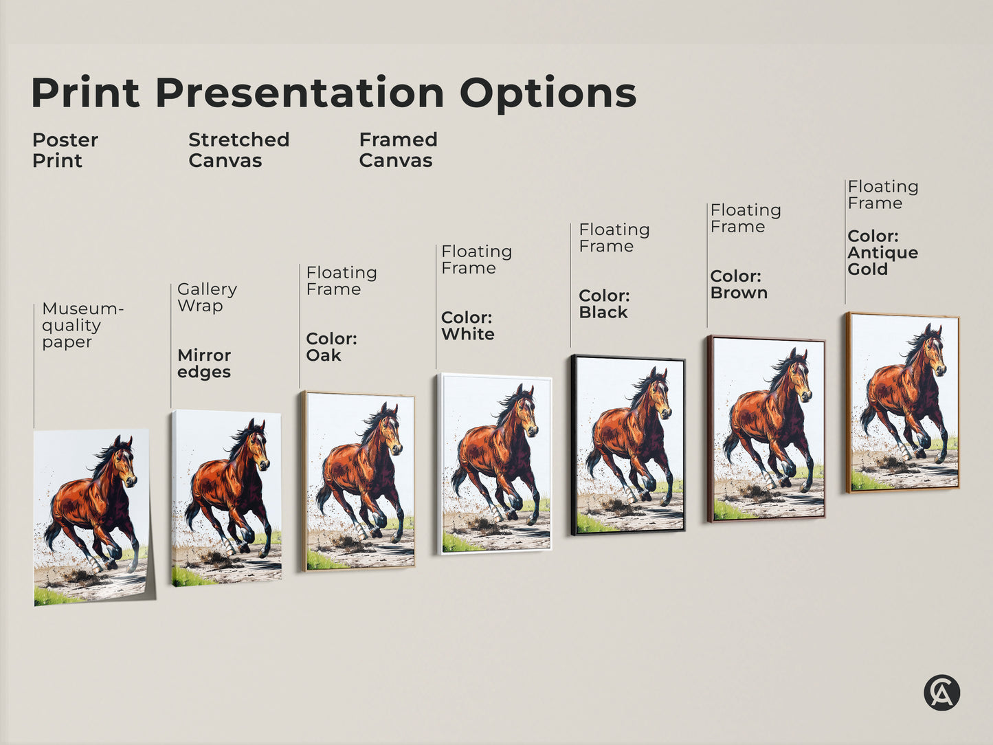 Explore print presentation options for the chestnut horse art. Choose from poster prints stretched canvas and framed canvas. Find the perfect medium for this dynamic wildlife art piece. Shop now.