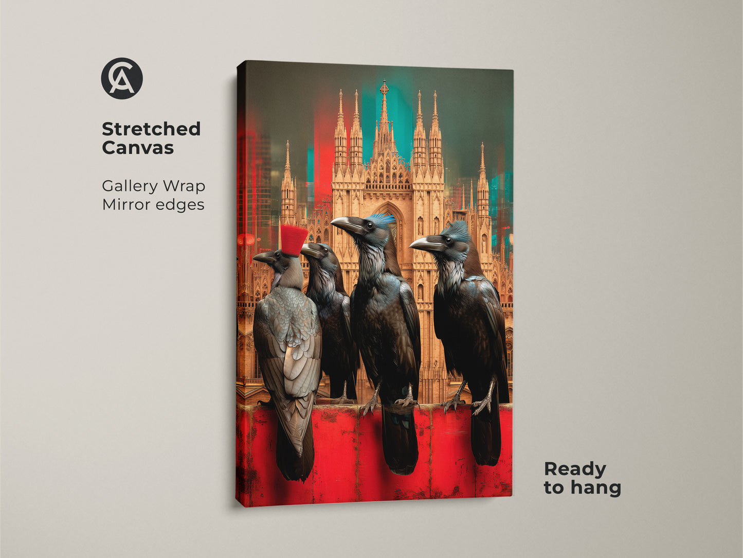 Gothic architecture painting is displayed on stretched canvas with mirror edges. Four crows stand against a surreal dark academia backdrop. The red hat adds an eclectic touch. Ready to hang this gothic crow canvas art brings a unique focal point to any room.