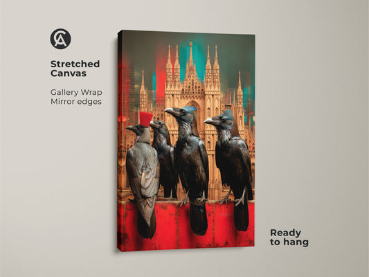 Gothic architecture painting is displayed on stretched canvas with mirror edges. Four crows stand against a surreal dark academia backdrop. The red hat adds an eclectic touch. Ready to hang this gothic crow canvas art brings a unique focal point to any room.