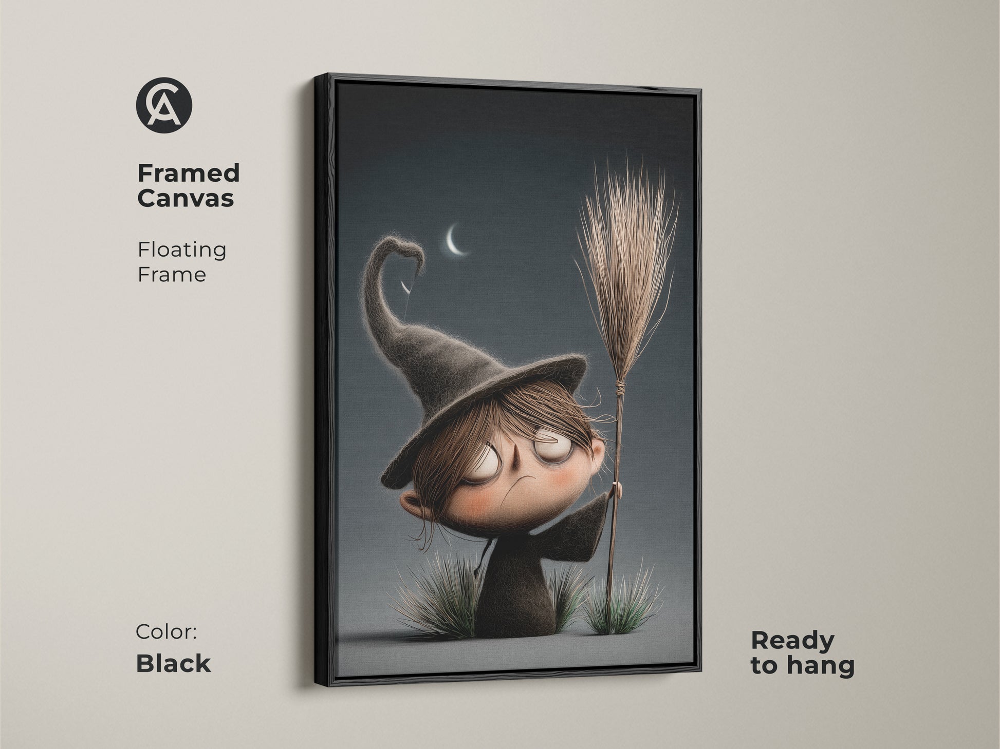 This framed canvas art features a cute cartoon witch. The floating frame comes in black. This spooky nursery wall decor is ready to hang. The dark fantasy print adds a whimsical touch to any space. Ideal for a kids room or as a unique gift for witch lovers. Embrace the dark academia aesthetic.
