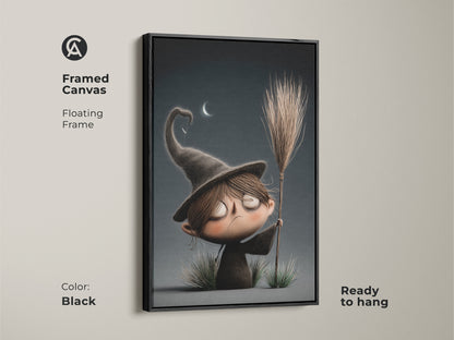 This framed canvas art features a cute cartoon witch. The floating frame comes in black. This spooky nursery wall decor is ready to hang. The dark fantasy print adds a whimsical touch to any space. Ideal for a kids room or as a unique gift for witch lovers. Embrace the dark academia aesthetic.
