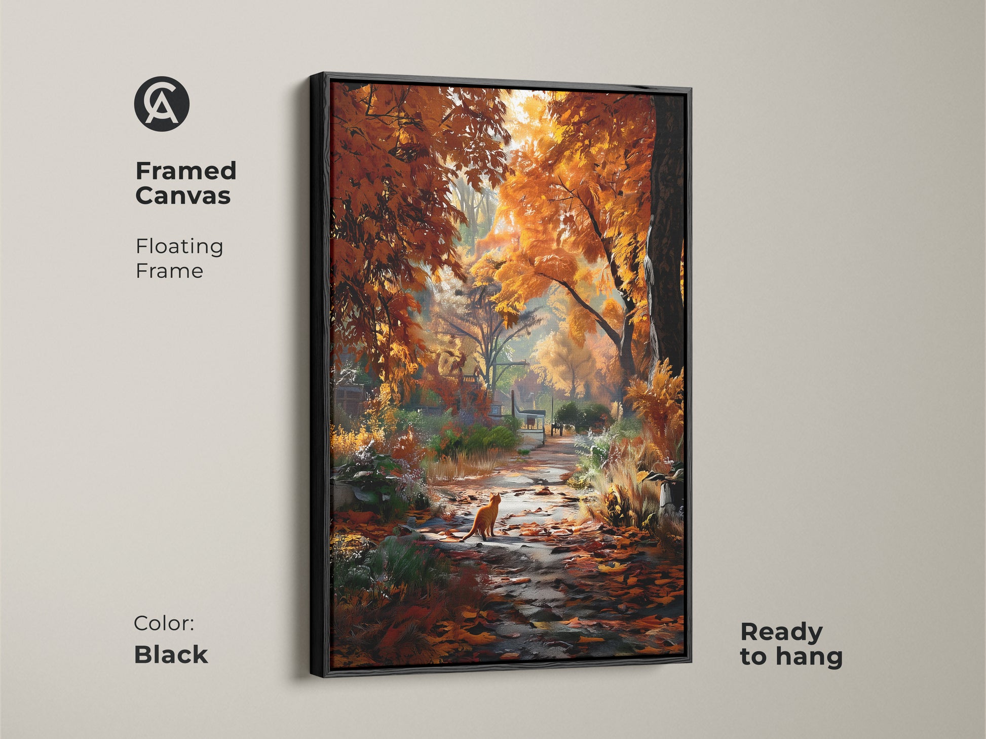 Enhance your decor with this framed canvas. It features a black floating frame and autumn artwork. A ginger cat is seen on a path surrounded by vibrant fall colors. Ready to hang and admire