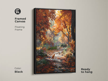 Enhance your decor with this framed canvas. It features a black floating frame and autumn artwork. A ginger cat is seen on a path surrounded by vibrant fall colors. Ready to hang and admire