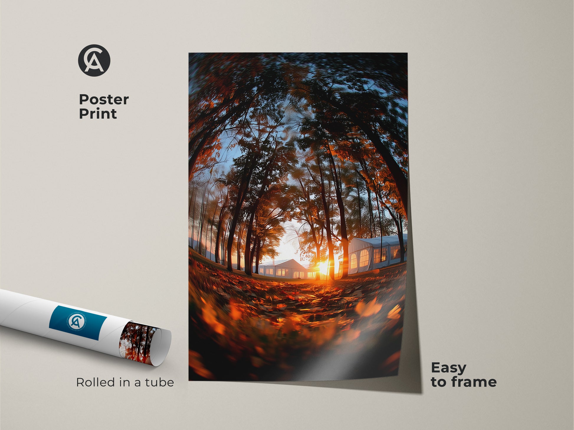 Poster print of a forest scene at sunset rolled in a tube. Easy to frame and display. This museum-quality paper print captures the beauty of nature. The sun glows behind distant tents. A great art for any room.