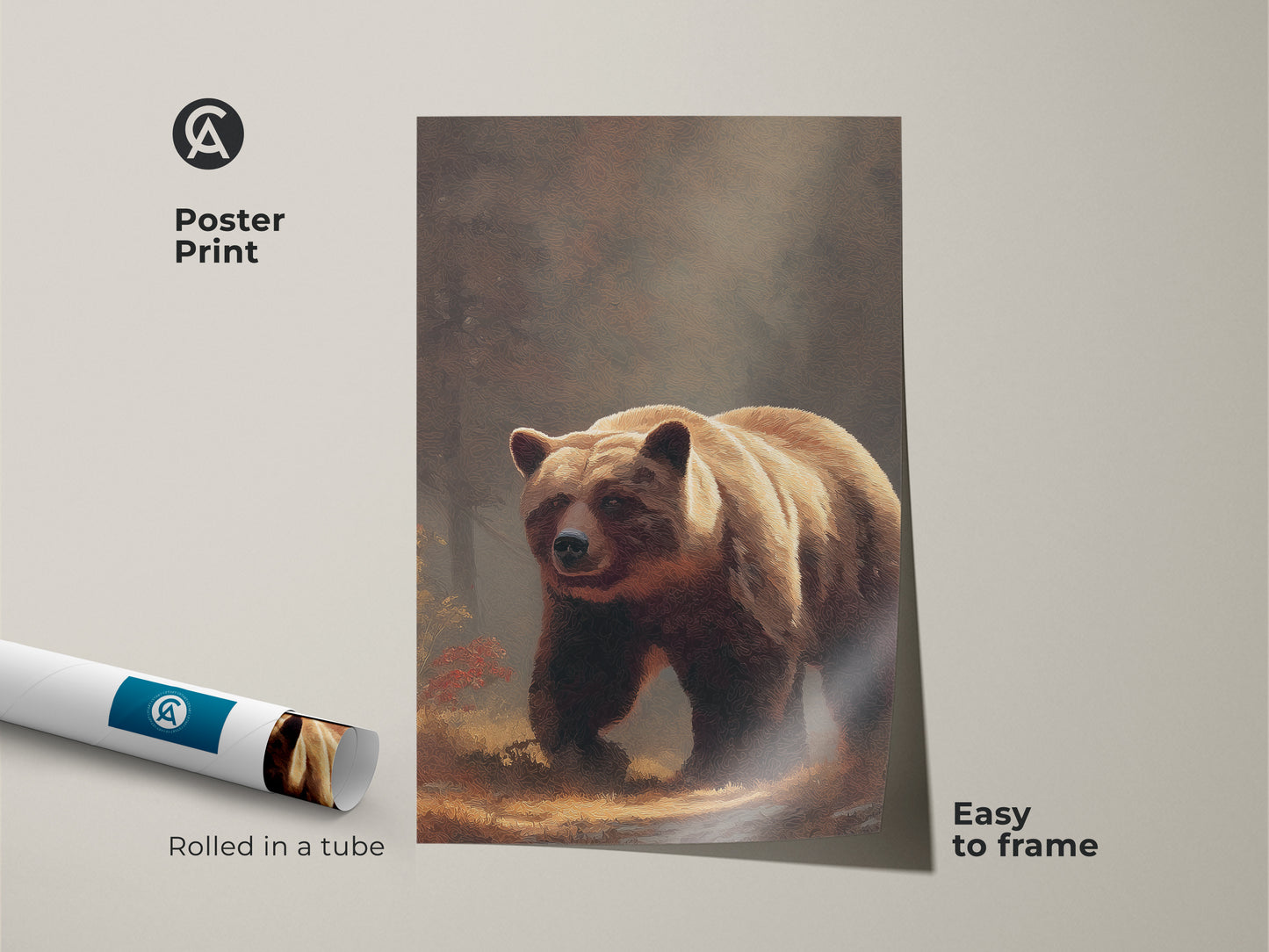 Poster print of a realistic bear artwork rolled in a tube. This earthy tones animal print is easy to frame. Woodland bear artwork is perfect for animal lover wall decor.