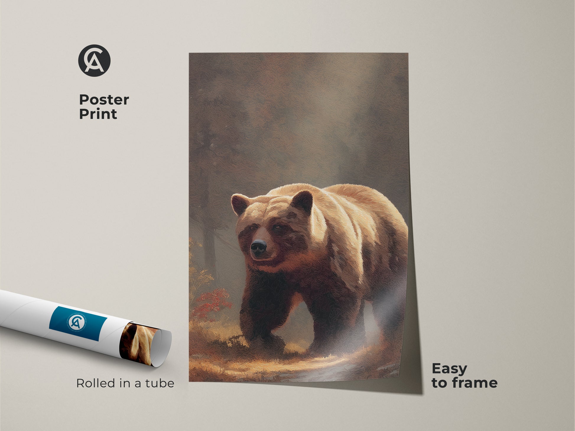Poster print of a realistic bear artwork rolled in a tube. This earthy tones animal print is easy to frame. Woodland bear artwork is perfect for animal lover wall decor.