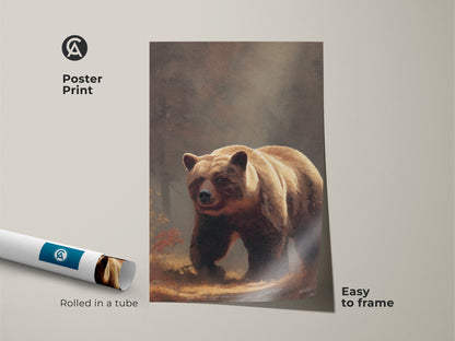 Poster print of a realistic bear artwork rolled in a tube. This earthy tones animal print is easy to frame. Woodland bear artwork is perfect for animal lover wall decor.
