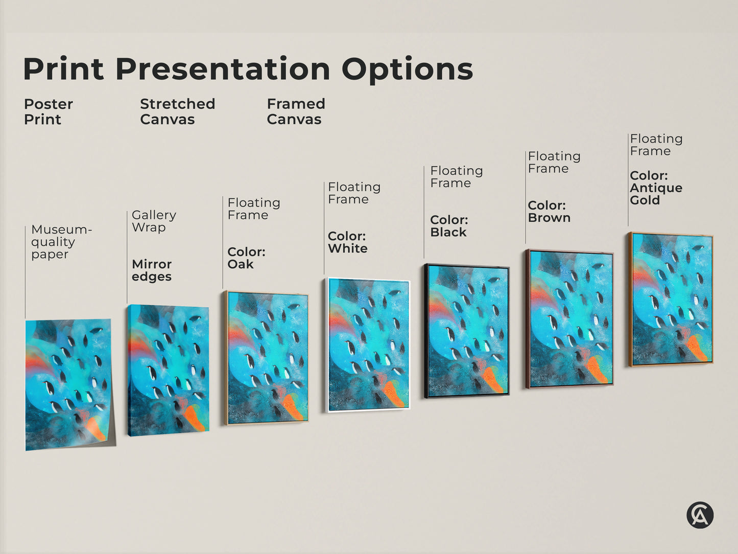 Explore print presentation options. See poster prints stretched canvas and framed canvas options. Museum-quality paper ensures vibrant artwork. Gallery wrap and floating frame styles enhance animal art.