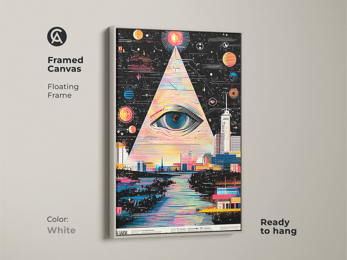 Framed canvas of surreal eye cityscape. White floating frame. The abstract space pyramid art creates a modern look. Ready to hang geometric city wall decor. Enhances any modern aesthetic.