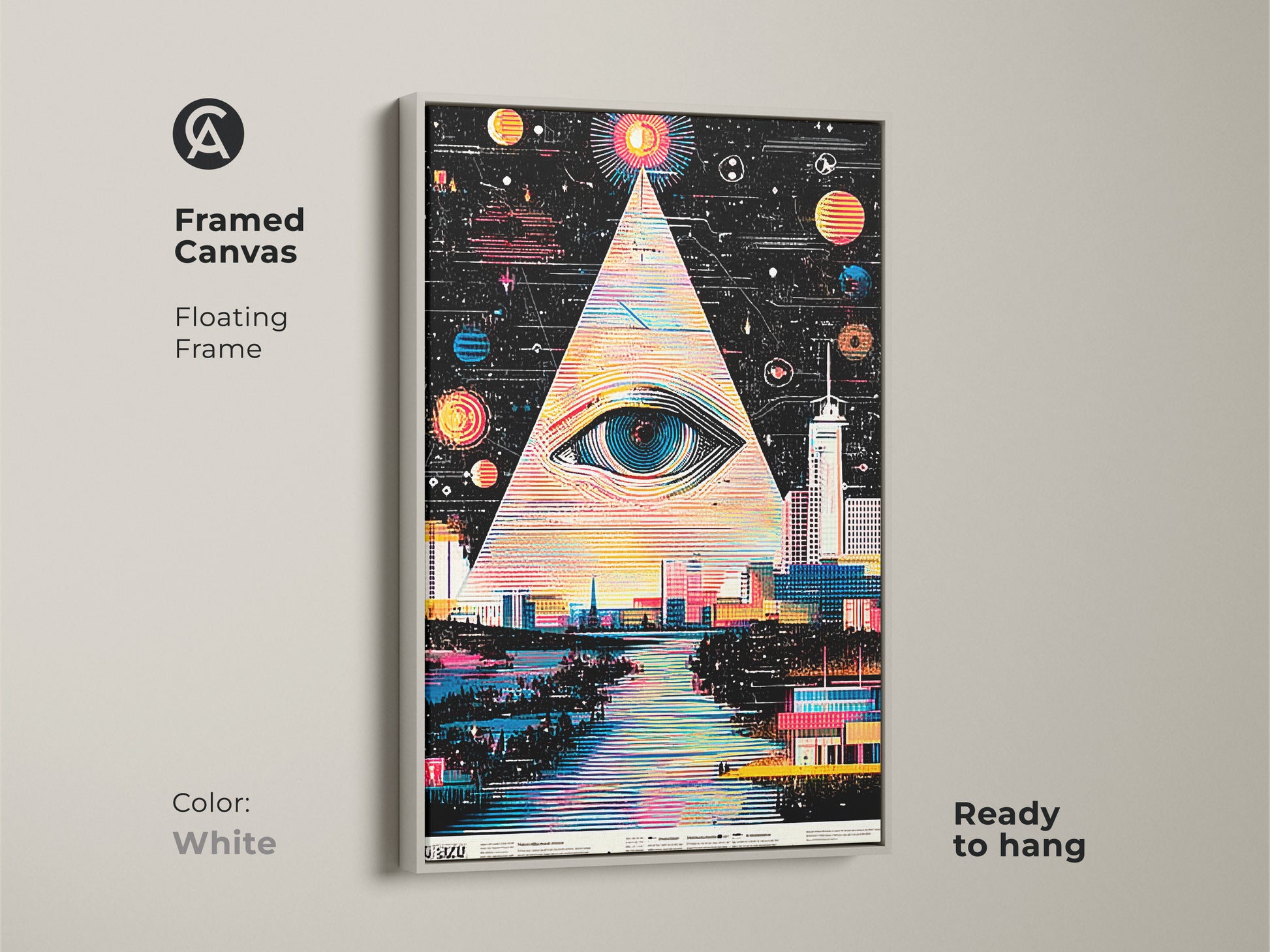 Framed canvas of surreal eye cityscape. White floating frame. The abstract space pyramid art creates a modern look. Ready to hang geometric city wall decor. Enhances any modern aesthetic.