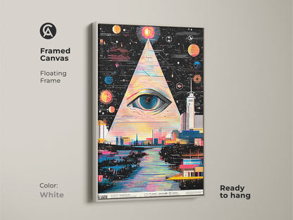 Framed canvas of surreal eye cityscape. White floating frame. The abstract space pyramid art creates a modern look. Ready to hang geometric city wall decor. Enhances any modern aesthetic.