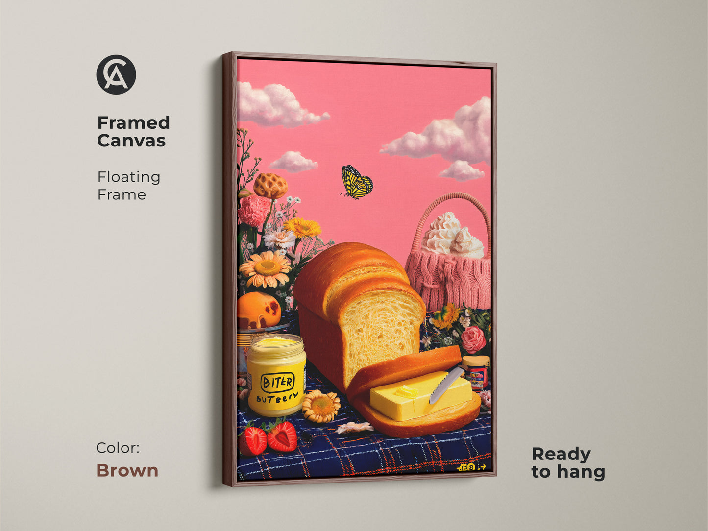 Framed canvas featuring surreal bread and butter artwork that's ready to hang. The floating frame shown in brown. This whimsical kitchen art shows a pink sky and a yellow butterfly.