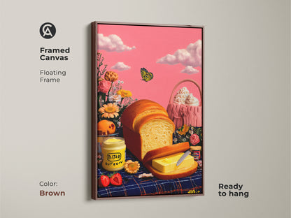 Framed canvas featuring surreal bread and butter artwork that's ready to hang. The floating frame shown in brown. This whimsical kitchen art shows a pink sky and a yellow butterfly.