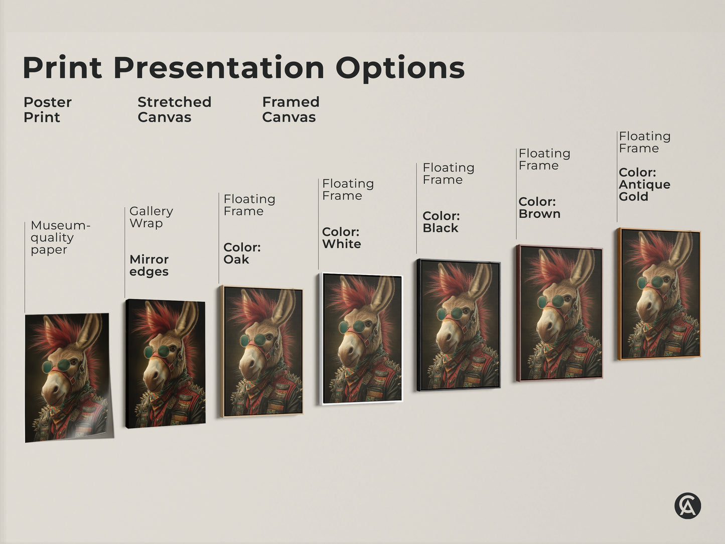 A print presentation featuring a punk rock donkey art print. Options include a poster print or a stretched canvas. Framed canvas options are available in multiple colors. The museum-quality edgy animal artwork is ready to display.
