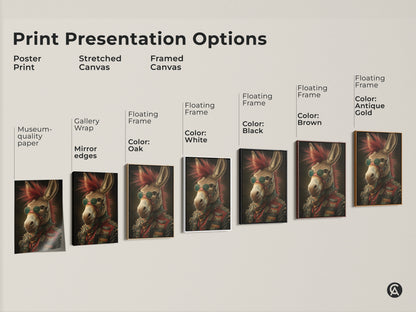 A print presentation featuring a punk rock donkey art print. Options include a poster print or a stretched canvas. Framed canvas options are available in multiple colors. The museum-quality edgy animal artwork is ready to display.