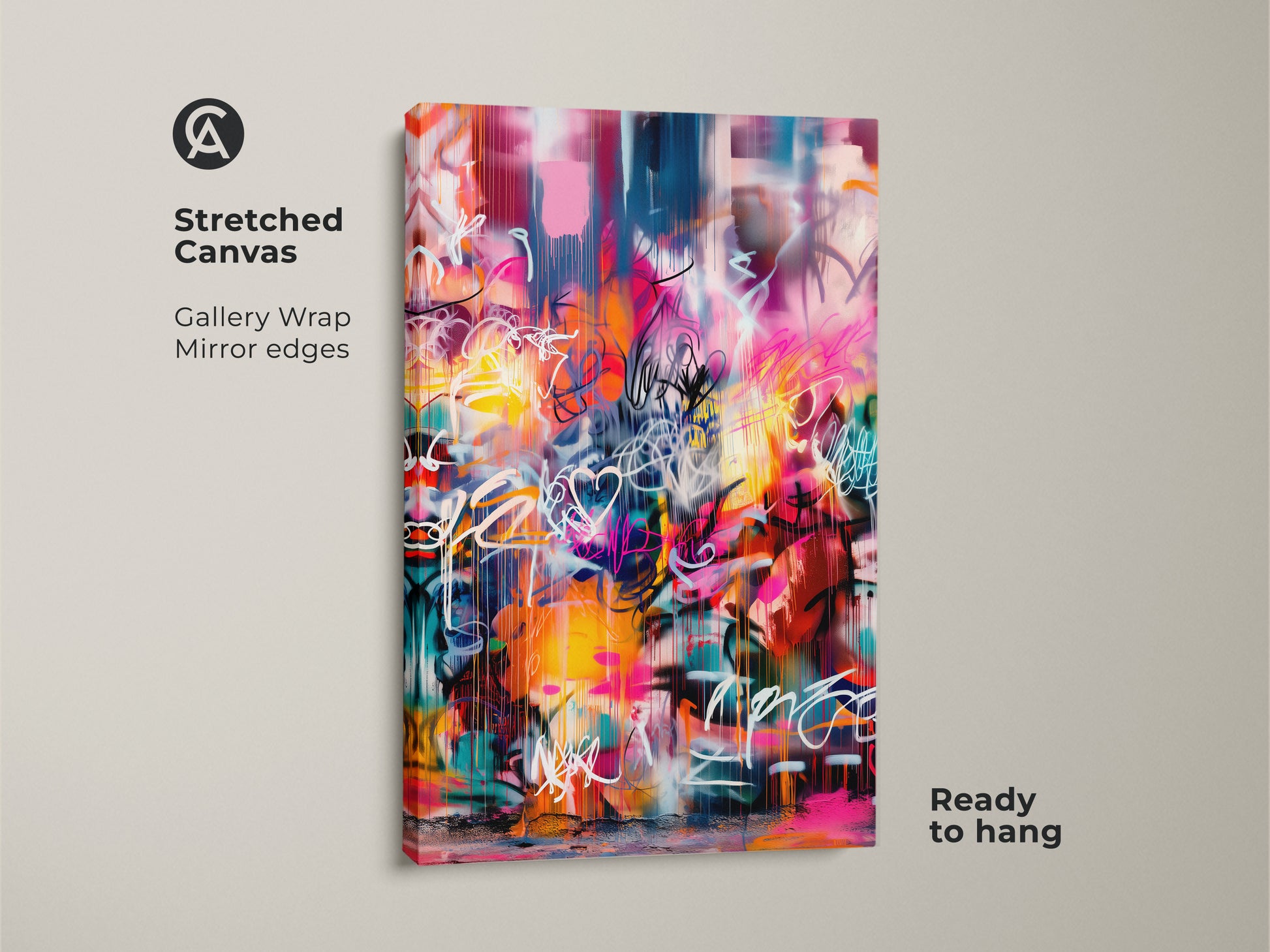 Stretched canvas featuring graffiti-style artwork ready to hang. The colorful art piece with pink yellow and blue tones creates a modern look. The gallery wrap with mirrored edges enhances the artwork's contemporary style. Perfect for adding a vibrant touch to any room.