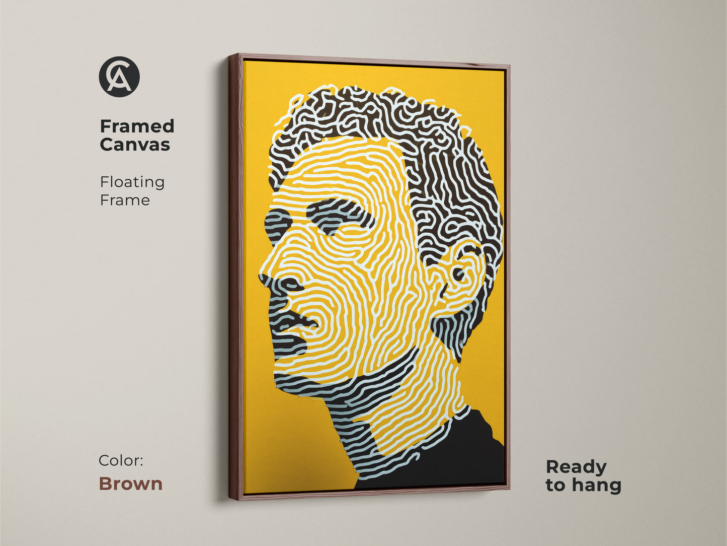 Framed canvas art print with a brown floating frame. The artwork is a modern portrait of a man. The yellow background enhances the line art. It arrives ready to hang. Add warmth to your decor with this art piece.