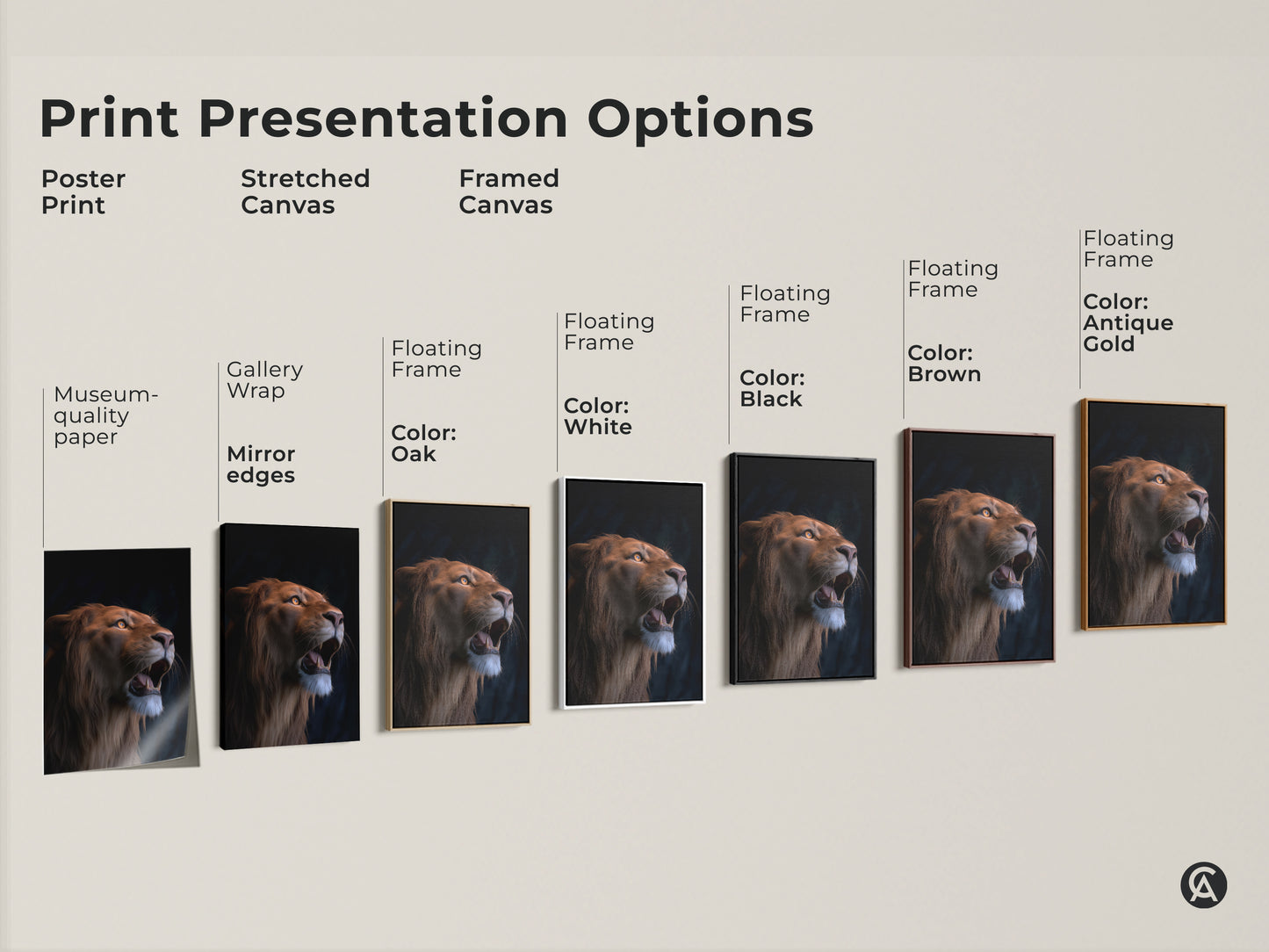 Explore print presentation options with this photorealistic lion artwork. Choose from poster prints stretched canvas and framed canvas. Options include black brown antique gold and white floating frames. Find the perfect majestic animal print for your decor.