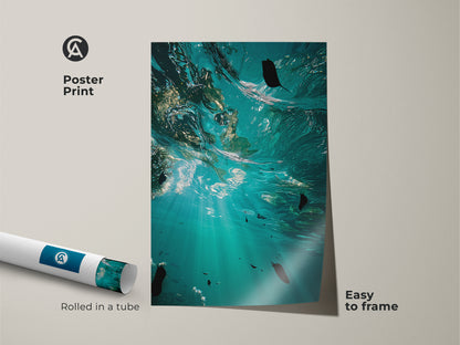 Poster print of an underwater ocean scene rolled in a tube and easy to frame. Showcasing teal and aqua fish swimming art for coastal aesthetic decor. Ideal deep sea photography for beach lovers.