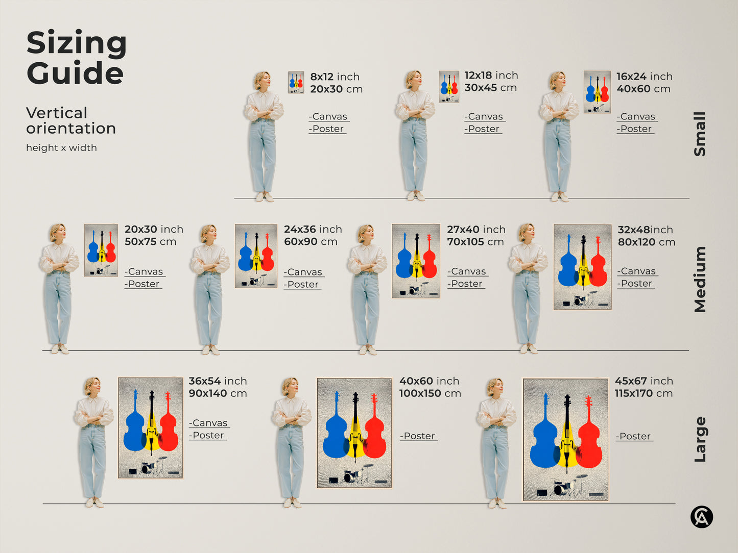 Sizing guide for vertical cello and drum set art canvas prints. Choose from small medium and large sizes to suit your space. Perfect as modern wall decor for a music room home office or living area. Find the ideal fit for this blue yellow and red instrument art. Sizes from 8x12 to 45x67 inches.
