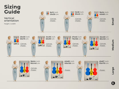Sizing guide for vertical cello and drum set art canvas prints. Choose from small medium and large sizes to suit your space. Perfect as modern wall decor for a music room home office or living area. Find the ideal fit for this blue yellow and red instrument art. Sizes from 8x12 to 45x67 inches.