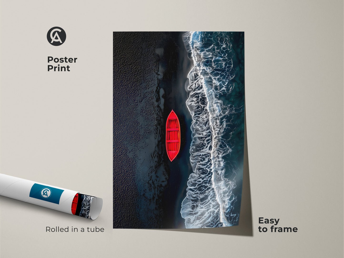 Poster print showcasing a vibrant red boat near the ocean shore. This museum-quality paper print comes rolled in a tube. This wall art is easy to frame and adds beauty to any space.
