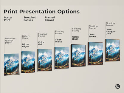 Explore print presentation options for mountain landscape artwork. Choose from poster prints stretched canvas and framed canvas. Select a floating frame color: white black brown antique gold or oak. Find the perfect style for your space.
