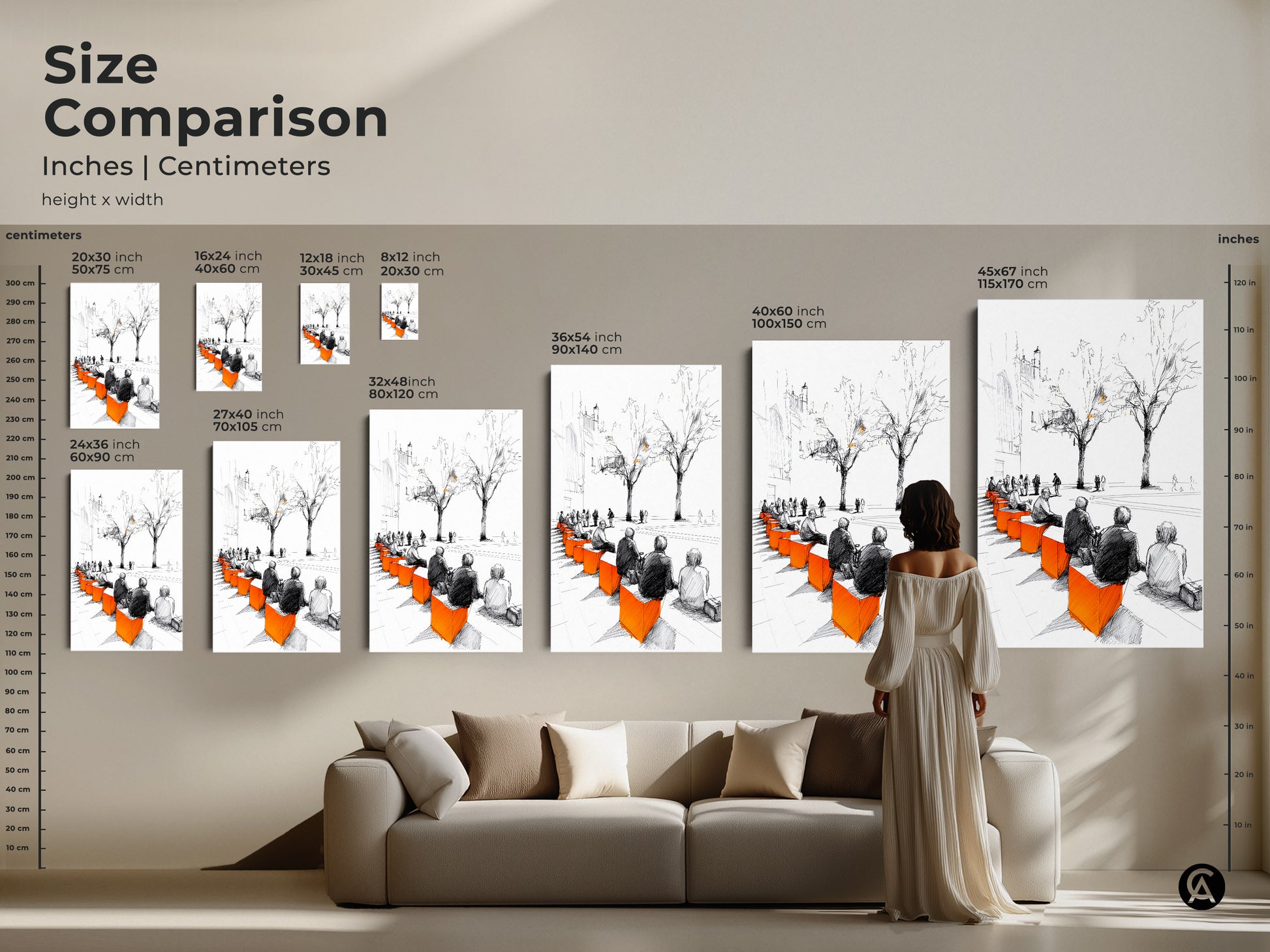 Size comparison of this modern sketch cityscape art print in inches and centimeters. This artwork features people on benches. See how different sizes of this minimalist print fit above a sofa. Choose the perfect black white and orange wall decor for your space.