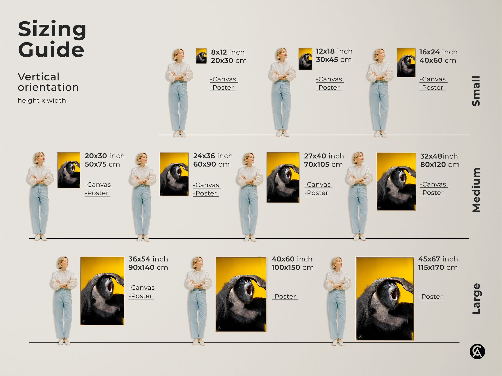 Sizing guide showcasing the photorealistic gorilla art print. Available as canvas or poster in small medium and large sizes. Perfect for creating a bold statement in any space.