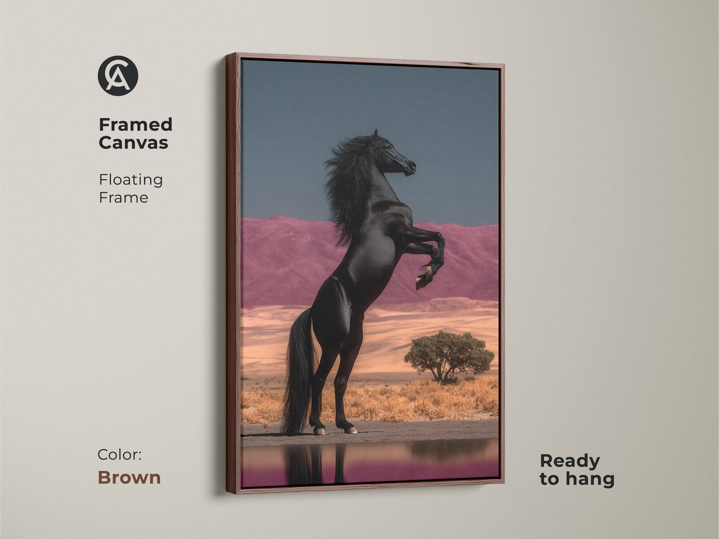 Black Framed Canvas with Floating Frame of a Black Horse Rearing. This equestrian wall hanging features a powerful stallion against a surreal desert backdrop. The pink mountains and blue sky create an eclectic bedroom artwork. Ready to hang this unique home decor gift is a fine art horse painting. It adds a dramatic flair to any interior.