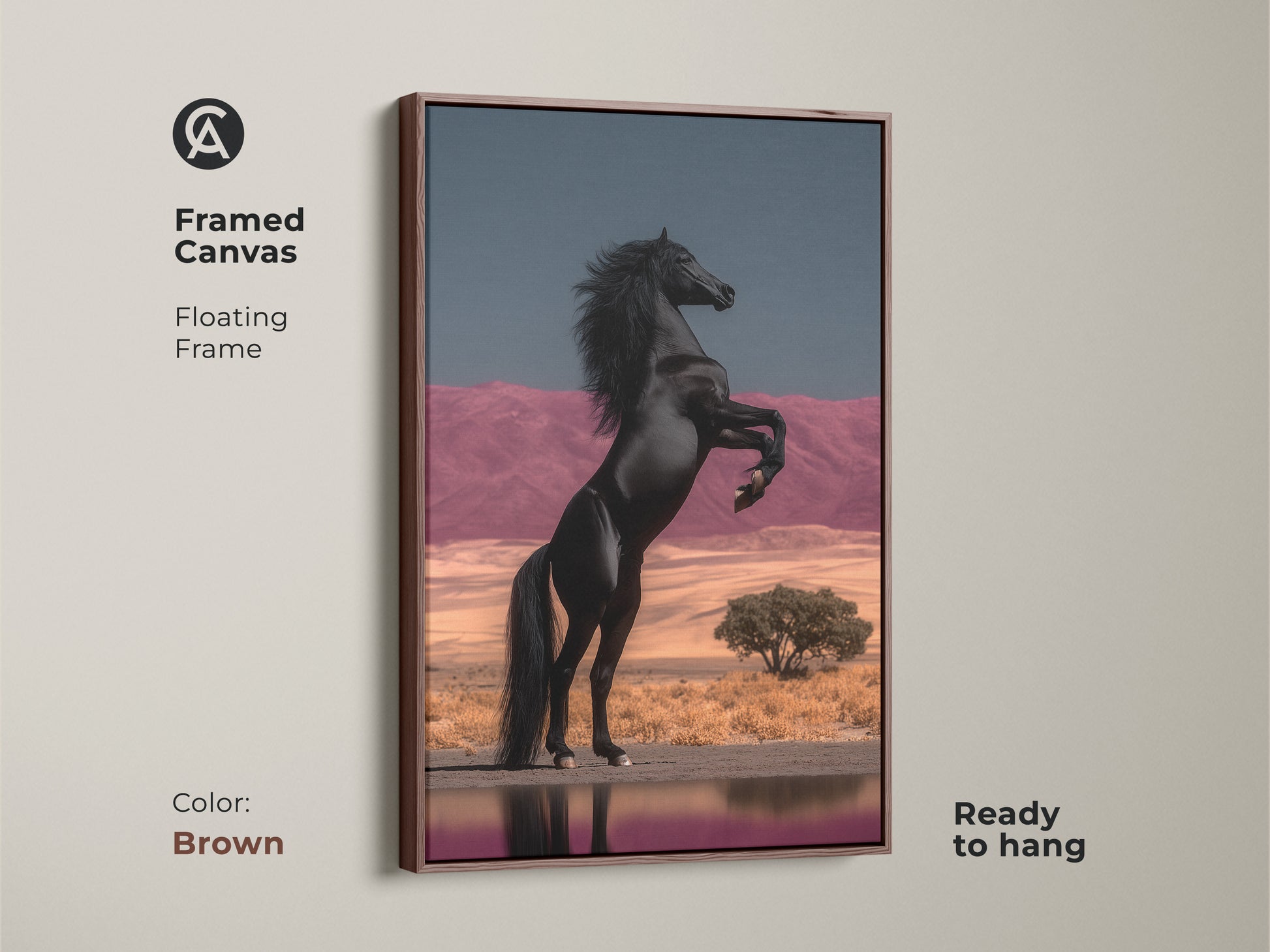 Black Framed Canvas with Floating Frame of a Black Horse Rearing. This equestrian wall hanging features a powerful stallion against a surreal desert backdrop. The pink mountains and blue sky create an eclectic bedroom artwork. Ready to hang this unique home decor gift is a fine art horse painting. It adds a dramatic flair to any interior.