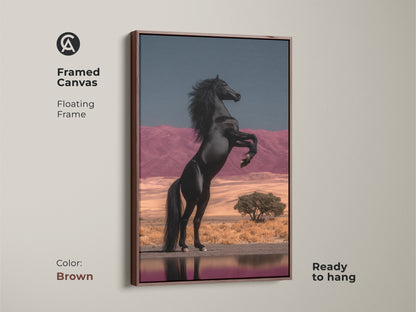 Black Framed Canvas with Floating Frame of a Black Horse Rearing. This equestrian wall hanging features a powerful stallion against a surreal desert backdrop. The pink mountains and blue sky create an eclectic bedroom artwork. Ready to hang this unique home decor gift is a fine art horse painting. It adds a dramatic flair to any interior.
