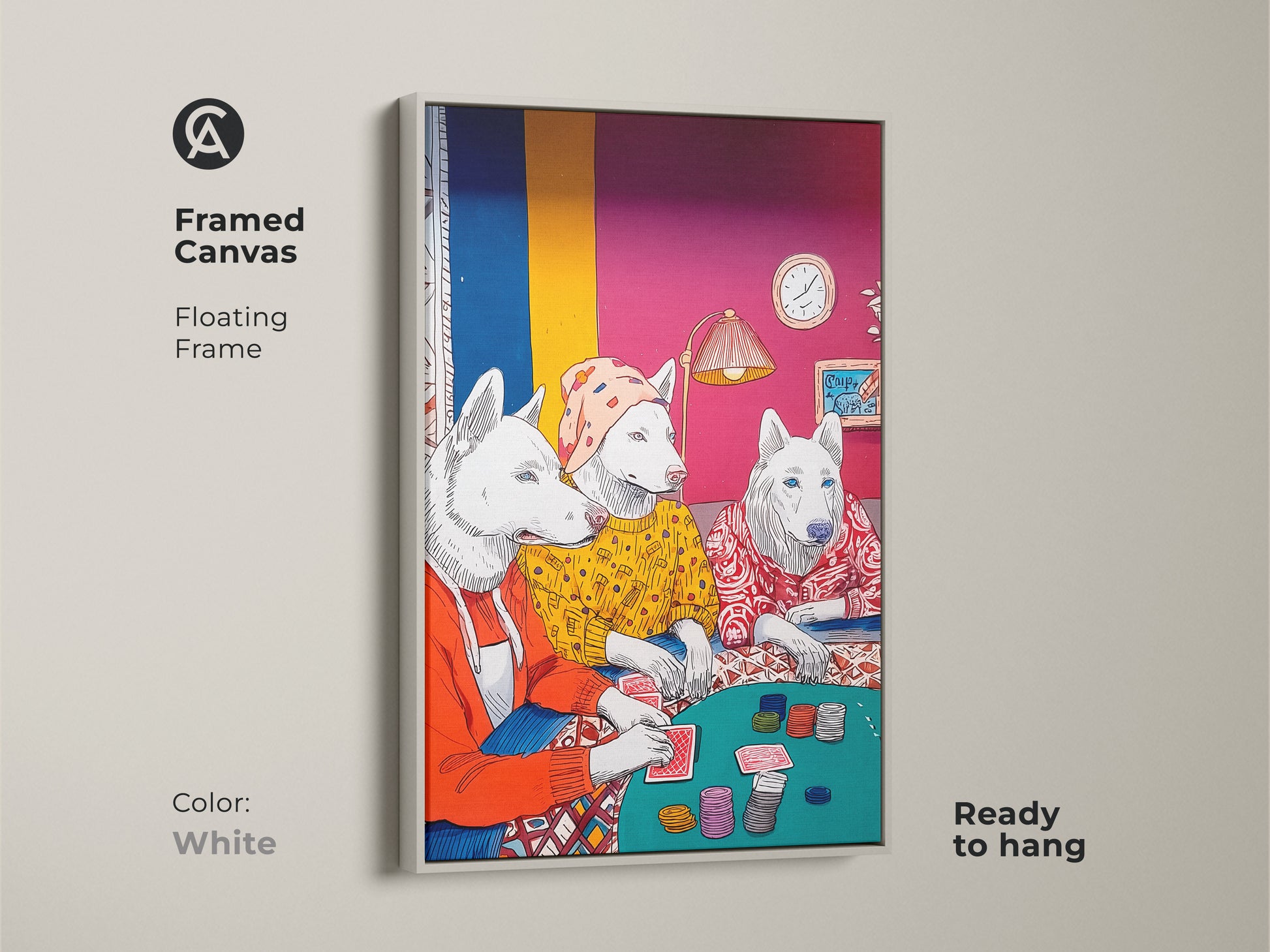 Framed canvas features a dog poker game with a white floating frame and is ready to hang. This art will suit any room. The whimsical artwork adds character to eclectic spaces. A perfect gift for dog lovers.