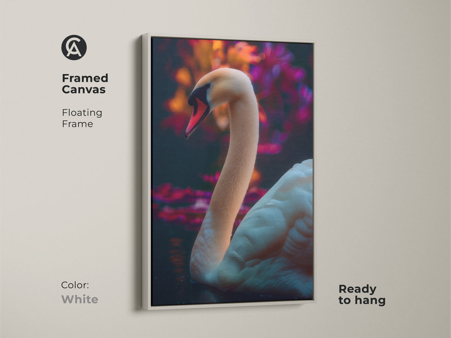 Framed canvas of a photorealistic swan in a white floating frame. This contemporary nature print adds a serene touch to your bedroom. The wildlife artwork features pink and orange tones. A perfect nature-inspired home art.