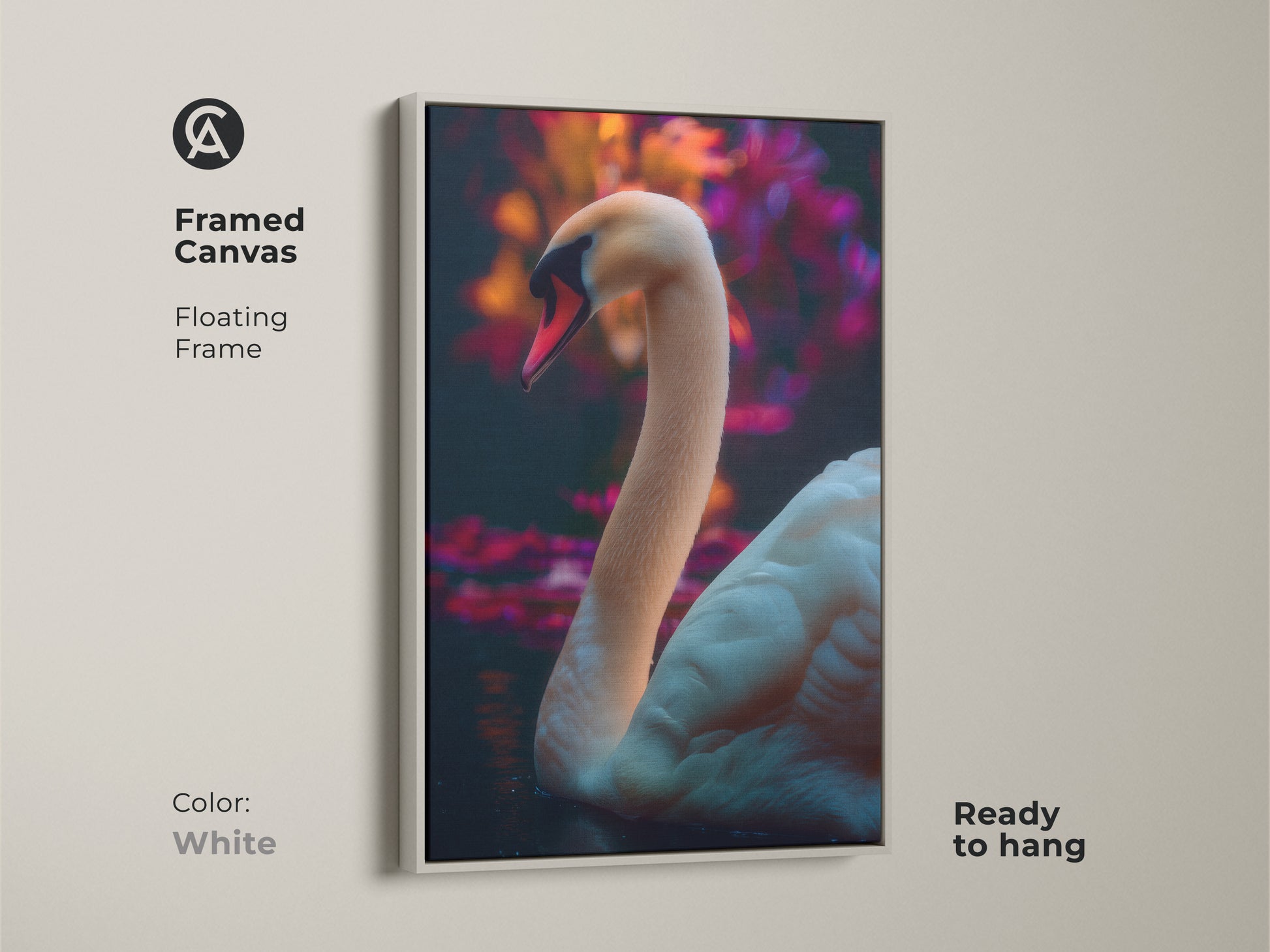 Framed canvas of a photorealistic swan in a white floating frame. This contemporary nature print adds a serene touch to your bedroom. The wildlife artwork features pink and orange tones. A perfect nature-inspired home art.
