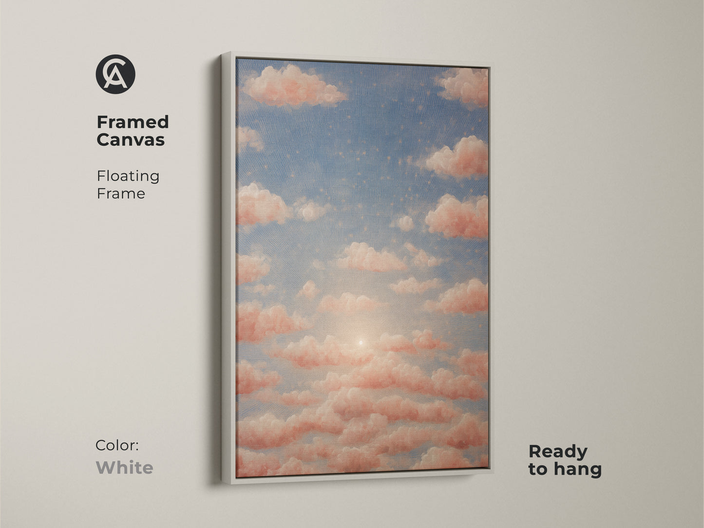 Canvas print showcases dreamy cloud art in a bohemian style. Peach sunset wall art is perfect for residential use. Nature inspired artwork with a soft color palette fills the space.