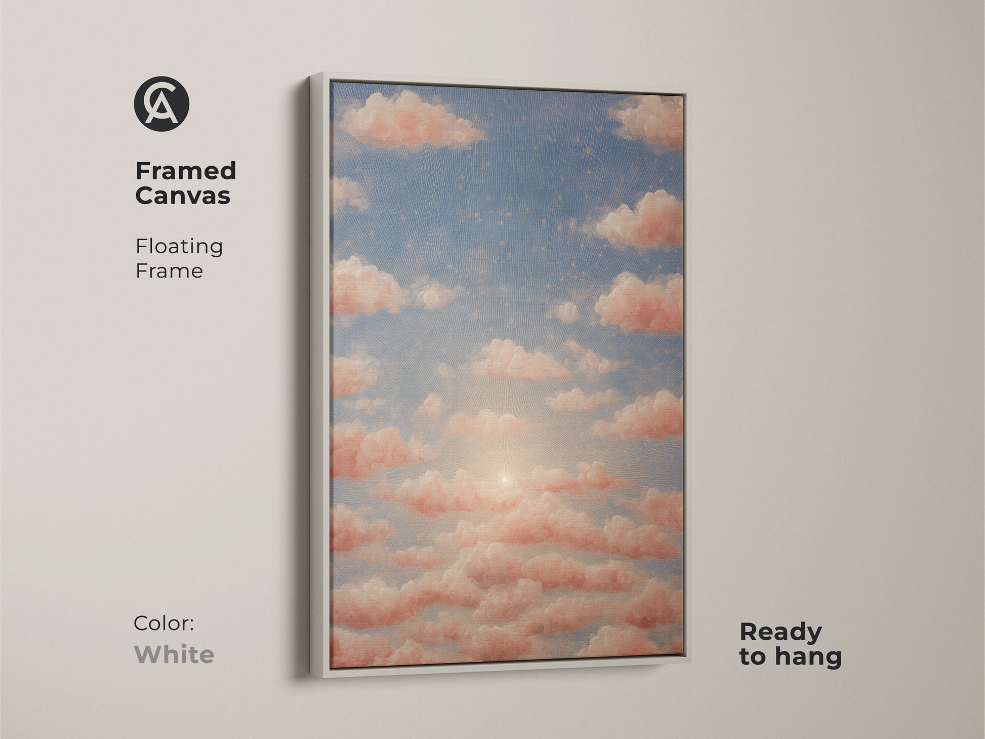 Canvas print showcases dreamy cloud art in a bohemian style. Peach sunset wall art is perfect for residential use. Nature inspired artwork with a soft color palette fills the space.
