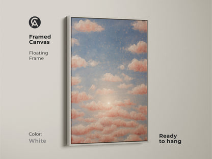 Canvas print showcases dreamy cloud art in a bohemian style. Peach sunset wall art is perfect for residential use. Nature inspired artwork with a soft color palette fills the space.