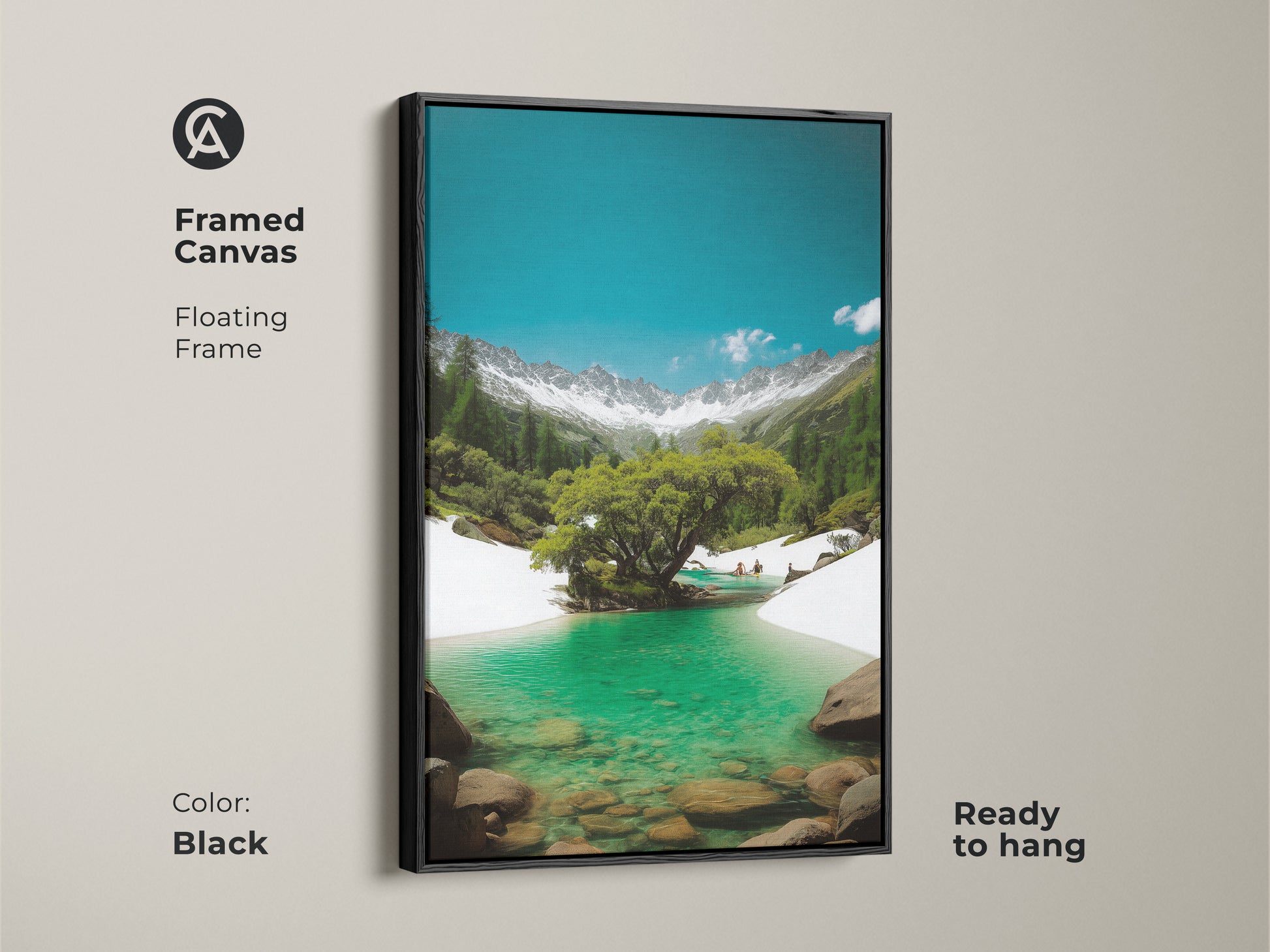 Framed canvas featuring a turquoise lake and snowy mountains. Black floating frame adds a touch of elegance. Ready to hang and enjoy this realistic nature artwork. Perfect wall decor.