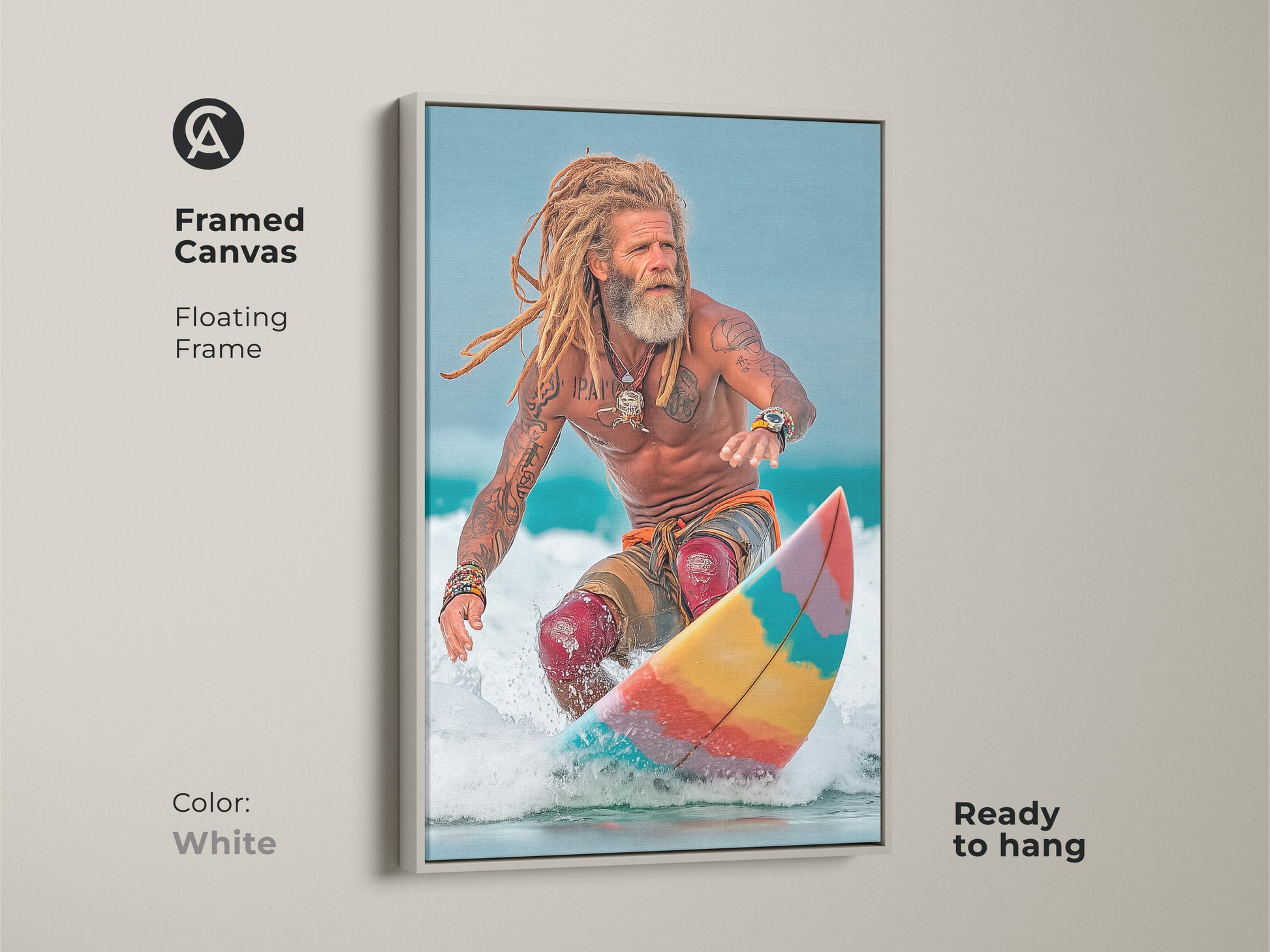 A Framed Canvas Floating Frame in white features Coastal Surfer Canvas Print. The ocean lifestyle photography captures action sports art. Golden blonde and sky blue colors create summer vibes. Ready to hang wall art is family room decor and a gift for beach lovers.