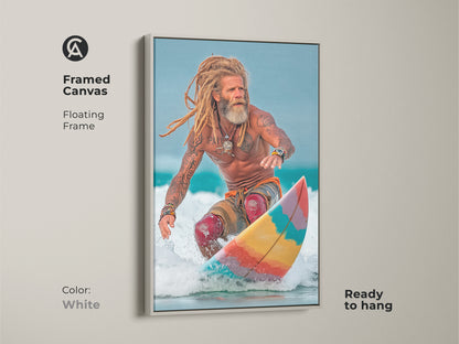 A Framed Canvas Floating Frame in white features Coastal Surfer Canvas Print. The ocean lifestyle photography captures action sports art. Golden blonde and sky blue colors create summer vibes. Ready to hang wall art is family room decor and a gift for beach lovers.