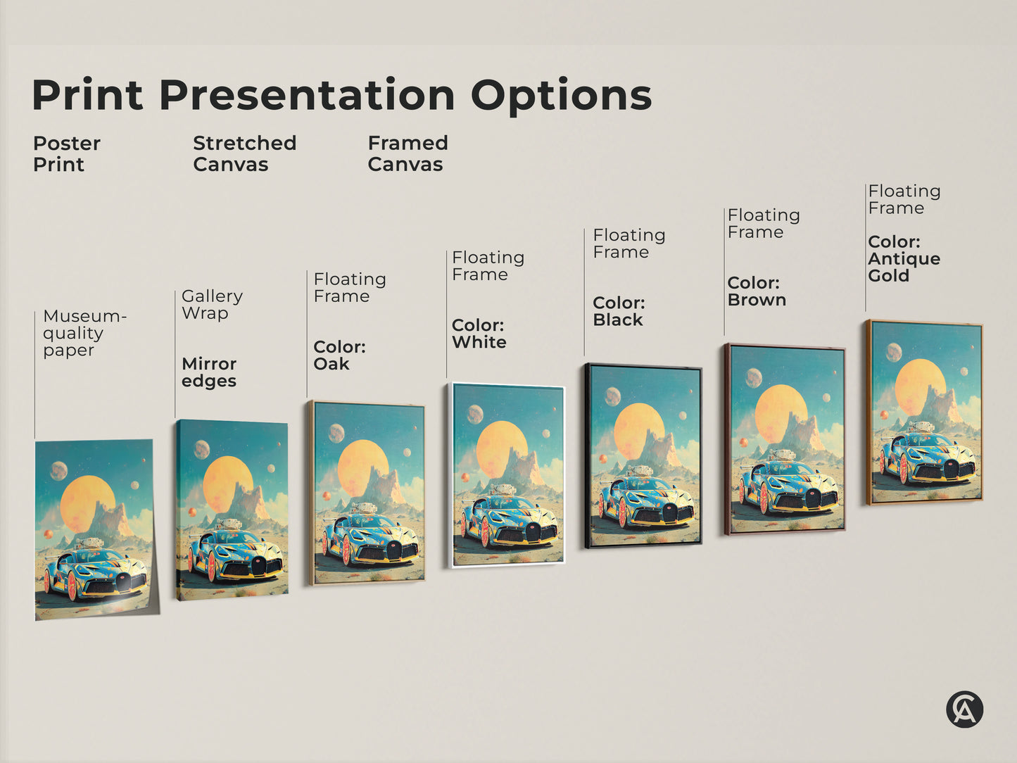 A print presentation guide showing the Cyberpunk sports car art print. It showcases options like poster prints stretched canvas and framed canvas. See the retro futurism car canvas in various finishes. Find sci-fi vehicle artwork perfect as office wall art or unique art gifts.