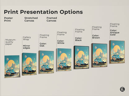 A print presentation guide showing the Cyberpunk sports car art print. It showcases options like poster prints stretched canvas and framed canvas. See the retro futurism car canvas in various finishes. Find sci-fi vehicle artwork perfect as office wall art or unique art gifts.
